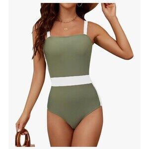 Womens One Piece Swimsuit Summer Tummy Control Color Block Square green XS